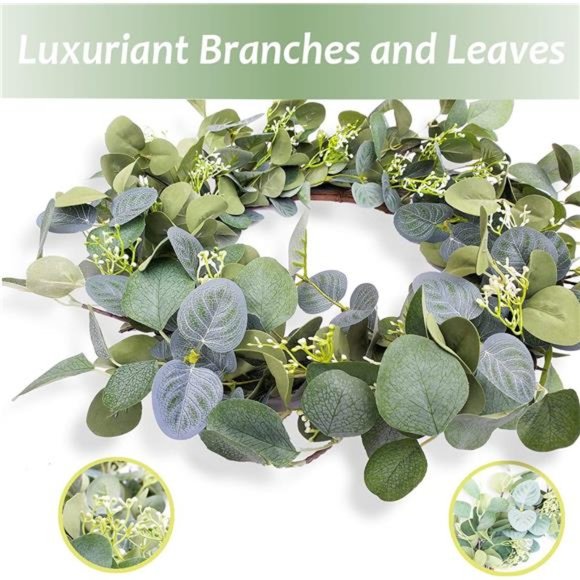 Eucalyptus Wreaths for FrontDoor 20",Handmade GreenLeaves Wreath for All Seasons - Picture 5 of 8